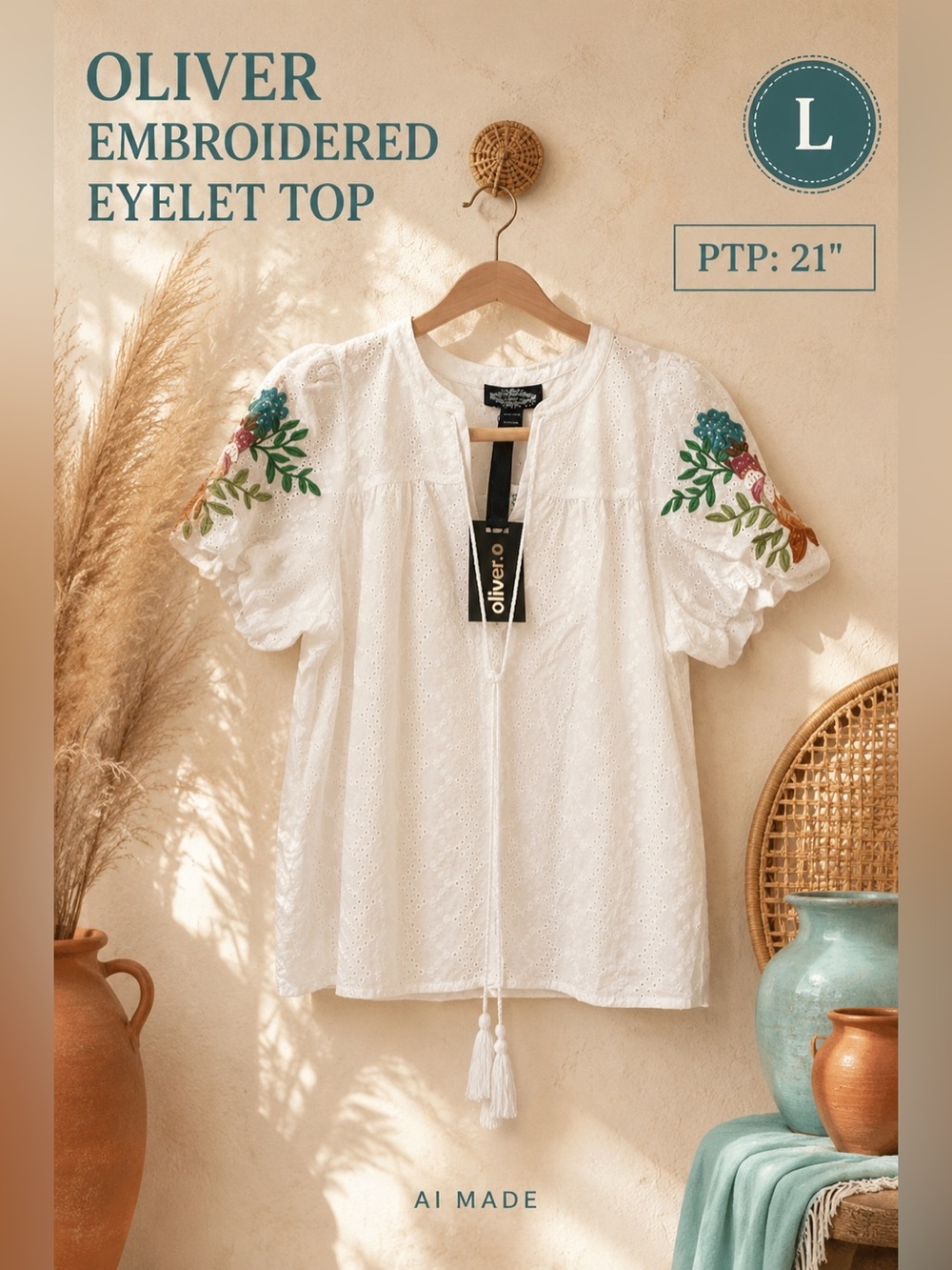 Oliver White Embroidered Eyelet Tassel Top Size Large NWT